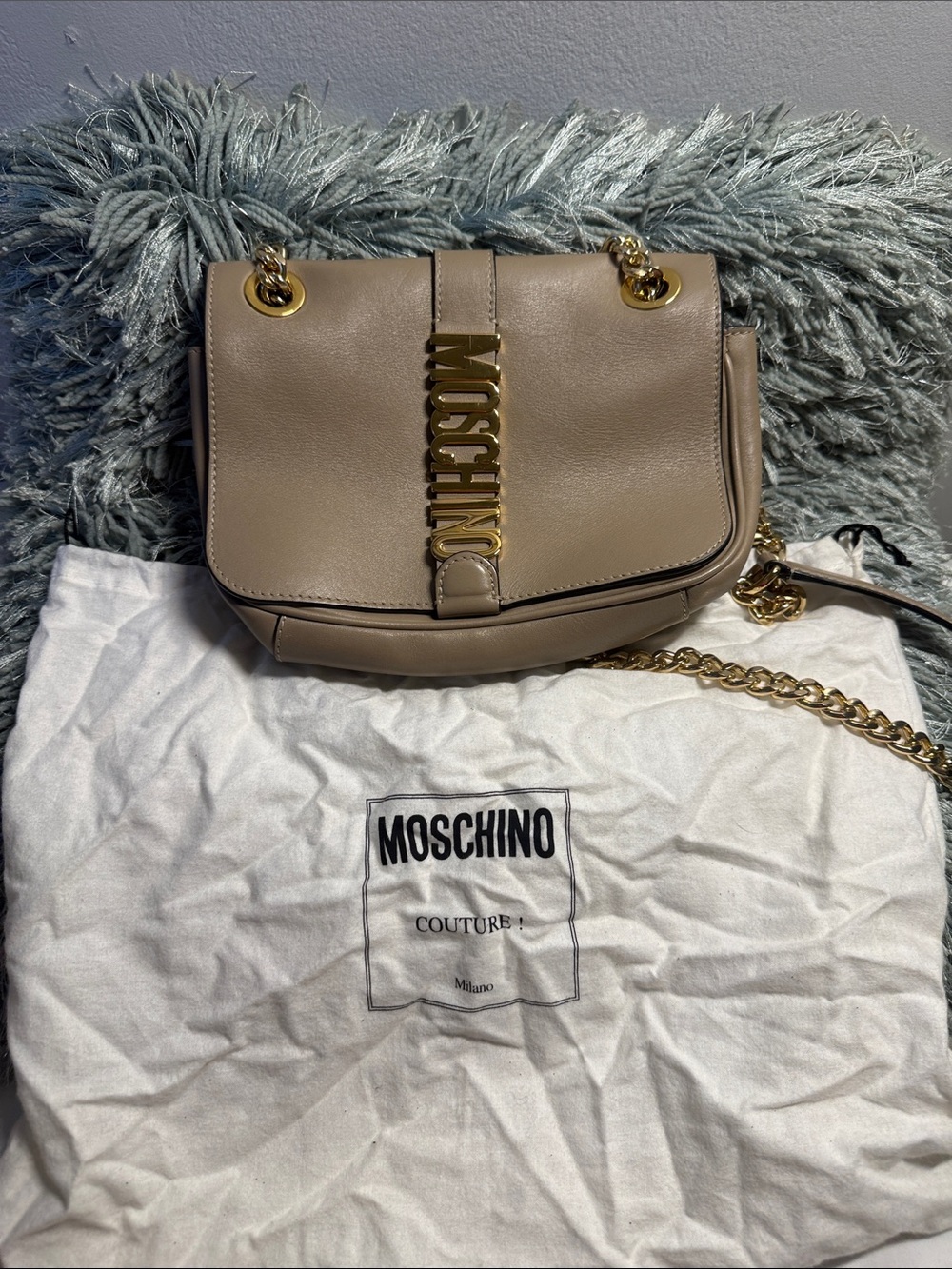 Moschino Taupe Leather Crossbody with Gold Chain Logo